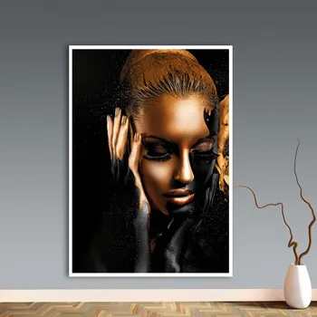 105x150cm Aur Negru Nud Artă Africană Femeie Pictura in Ulei pe Panza Cuadros Postere si Printuri Poza Perete pentru Camera de zi