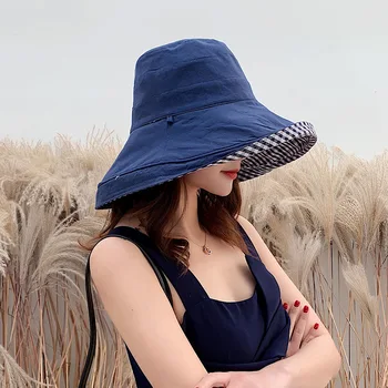 2019 Carouri Două Laterale Bumbac Palarie de Soare pentru Femei Protecție Uv panama Fete Sunmer Ori Pălărie Plajă în aer liber protecție Solară Găleată Pălărie