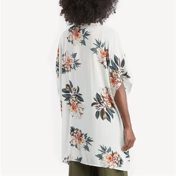 2019 Femme Cardigan Vrac Bluză Lungă, cu mânecă Scurtă Haina pentru Femei Pentru Femei Floral Alb Plaja Acoperi Șal Kimono Coat