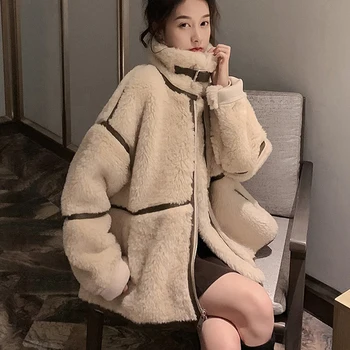 Coreeană Lambswool Jacheta Femei Toamna Iarna Vrac Guler, Jachete De Epocă Elegant Strat De Bază Îmbrăcăminte Exterioară Pentru Femei