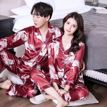 Cupluri Pijamale de Imprimare Set 2 buc Macara îmbrăcăminte de noapte de Somn Set Primavara Toamna Casual Moale Halat de baie Pijamale Satin Matasos Haine de Acasă
