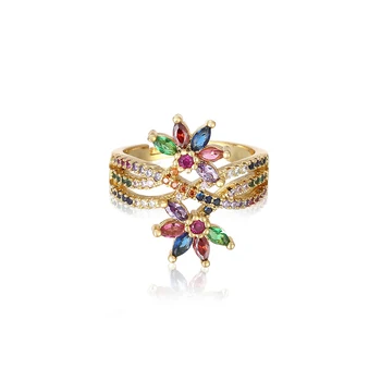 De înaltă calitate Femei de aur cz flori inel reglabil curcubeu inel zirconiu cristal colorat inel de cupru bijuterii cadouri pentru femei