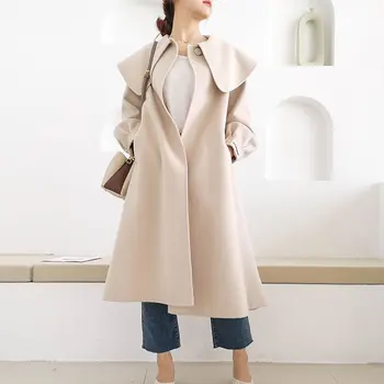 Femei lucrate manual rever lega cașmir haina de culoare solidă lână haina toamna și iarna mid-lungime haina cașmir
