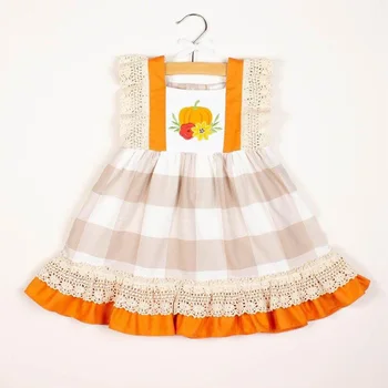 Fetita rochie de vara drăguț dovleac-O linie de imprimare lace zburli mâneci copil genunchi lungime rochie de fată carouri halloween-o singură bucată rochie