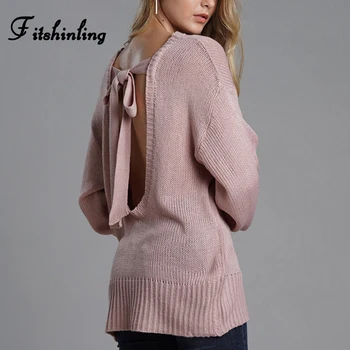Fitshinling Backless bowknot pulover pentru femei de moda slim sexy roz jumper pulover de haine de sex feminin tricotaje, pulovere de iarnă