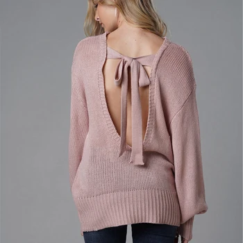 Fitshinling Backless bowknot pulover pentru femei de moda slim sexy roz jumper pulover de haine de sex feminin tricotaje, pulovere de iarnă