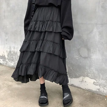 Fuste Lungi Pentru Femei Harajuku Stil Coreean Alb Negru Maxi Fusta Talie Mare Lolita Goth Punk Gotice Casual Streetwear Fuste