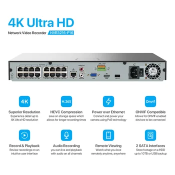 H. Vezi H. 265 16ch 4K POE NVR Sistemul de Securitate cctv 8MP Video Recorder Audio 48V Rețea de Supraveghere pentru camera poe ip Onvif