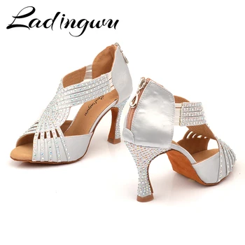 Ladingwu Noi latină Pantofi de Dans Salsa Femei gri Argintiu Satin Colocare strălucesc Stras Pantofi de Dans Femeie Sala de interior