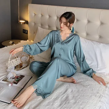 Liber de Mătase Stil Printesa Pijamale Confortabile pentru Femei Pijamale cu Mâneci Lungi Dantelă Costum de Pijama pentru Femei Cardigan costum din Două Piese NOI