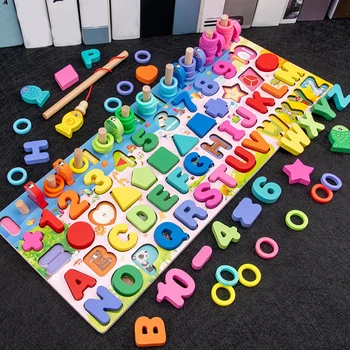 Montessori Jucărie 5 In 1 Copii de Educație Timpurie Lemn de Potrivire Puzzle de Bord Dezvoltarea Inteligenței Jucărie Părinte-copil Joc Interactiv