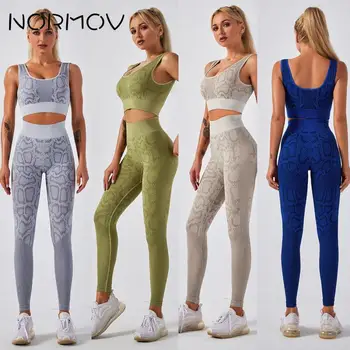 NORMOV Sarpe de Imprimare Femei Yoga Seturi Sală de Fitness, 2 Buc Set Sutien de Sport fără Sudură și de Înaltă Talie Jambiere Seturi de Antrenament