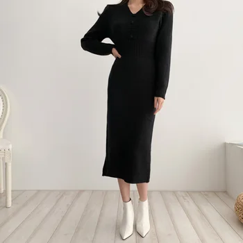 -O Bucată De Toamna Iarna Tricot Rochie Pulover Femei 2020 Coreene Noi V-Neck Pulover Lung Tricotate Rochie Slim Midi Office Doamnelor Rochie