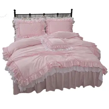 Solid de culoare roz cu volane set de lenjerie de pat de lux din bumbac princess dantela brodata îngroșa cuverturi de pat ropa de pat cama fusta YYX
