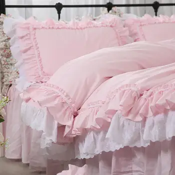 Solid de culoare roz cu volane set de lenjerie de pat de lux din bumbac princess dantela brodata îngroșa cuverturi de pat ropa de pat cama fusta YYX