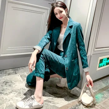 Toamna Iarna Sacou Pantaloni Pentru Femei Costum Coreeană De Moda Chic De Birou Doamnelor Verde De Catifea Casual, Talie Înaltă, Picioare Mici Pantaloni De Costum