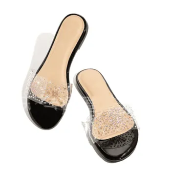 Transparente Sexy Femei Papuci De Casă Nouă Stras Strălucitor Confortul Doamnelor Vacanță Vocație Slide-Uri Solid Negru Pantofi De Vara Pentru Femeie