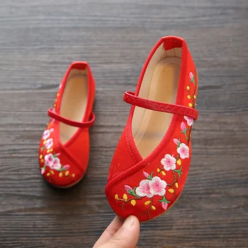 Veowalk Chineză Brodate Fete De Bumbac Pantofi Plat Confort Copii Canvas Mary Jane Apartamente De Balet Pentru Copii Broderie Pantofi De Dans